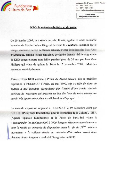 Federico Mayor, «KEO: la memoria del futuro y del pasado», 20 de enero de 2009, página 1