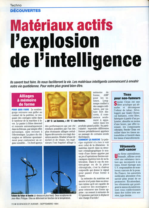 “Matériaux actifs : l'explosion de l'intelligence”, Sciences et Avenir, no. 571, September 1994, p. 72, page 2